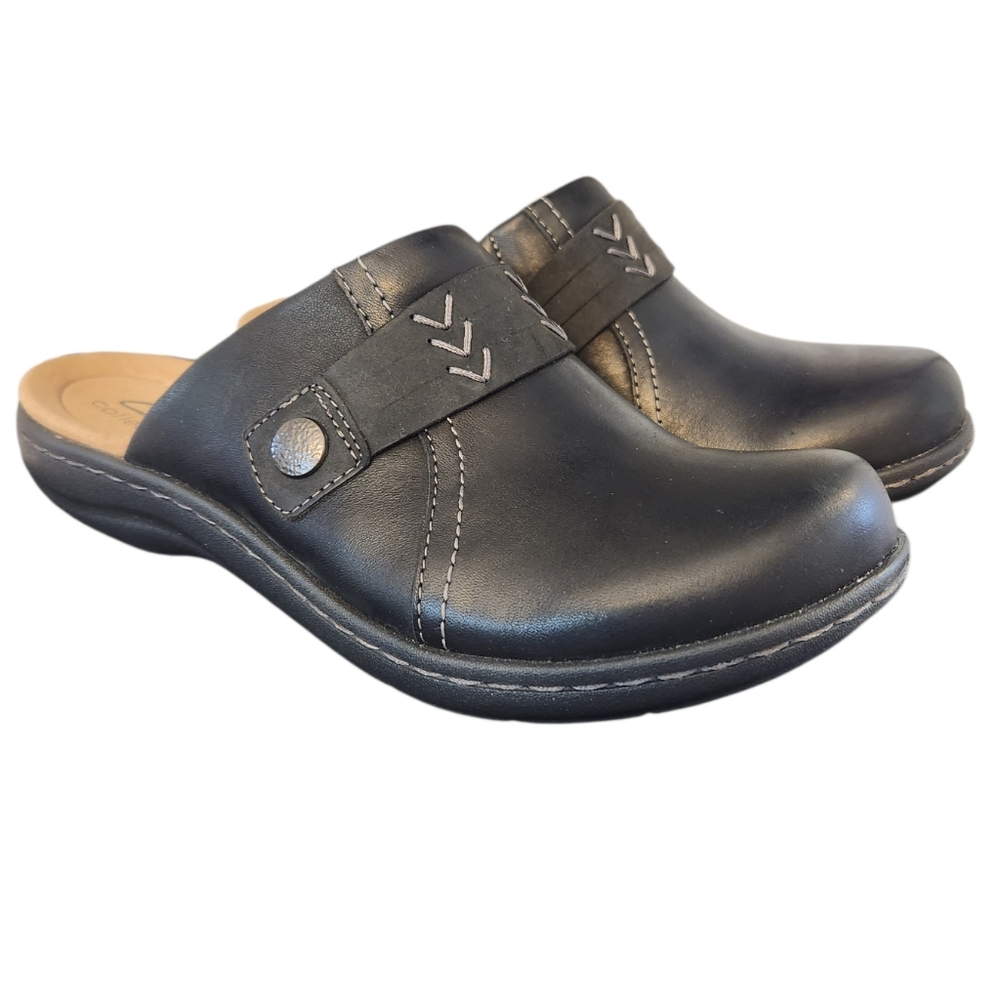 Clarks Women's Black Leather Laurieann Ella Slip On Clog Open Heel, Size 6.5
